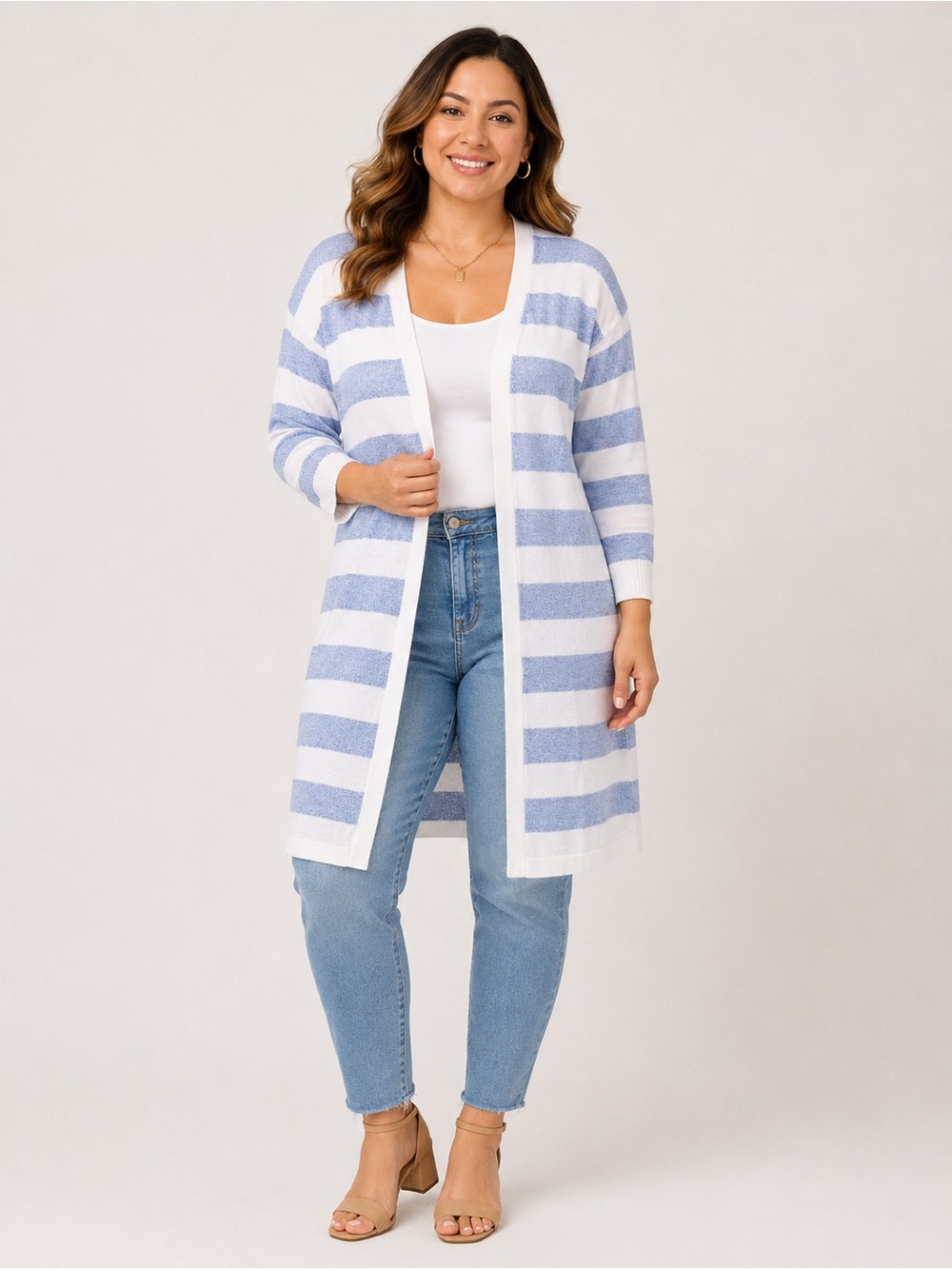 Talbots blue/white striped open front long cardigan size large